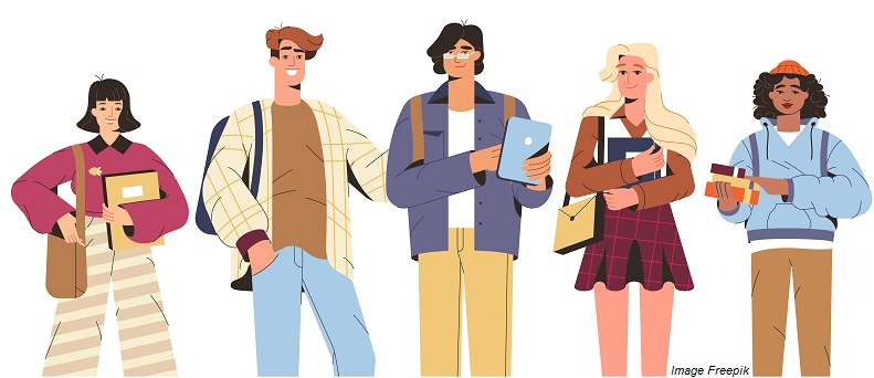 Group of happy university students with study books and gadgets Group of happy students with study books, gadgets. Flat smiling multicultural teenagers together in modern clothes with backpacks. University young people or school friends of different nationalities.