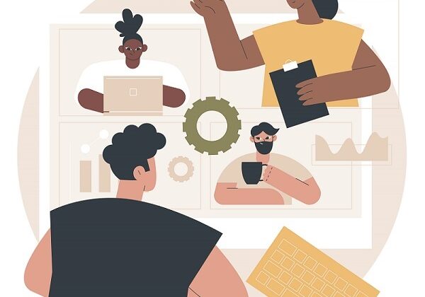 Meeting abstract concept vector illustration. Business meeting room, conference organization, signing contract, discussion at workplace, brainstorming, corporate presentation abstract metaphor.
