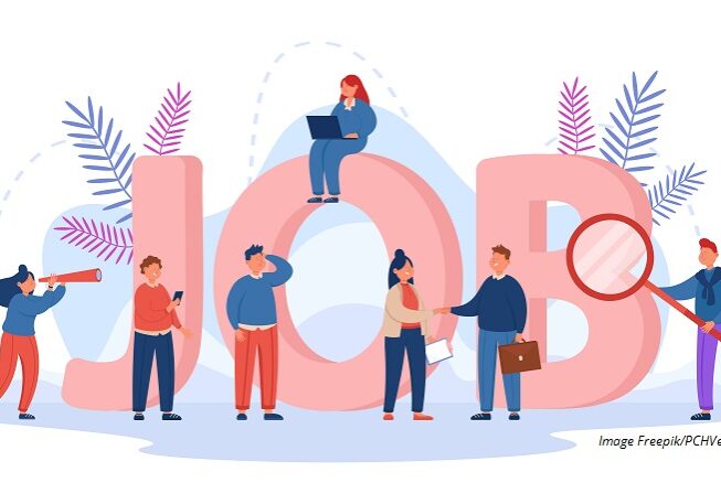 Tiny people searching for business opportunities. Interview with company supervisor, word job in background flat vector illustration. Employment, HR concept for website design or landing web page
